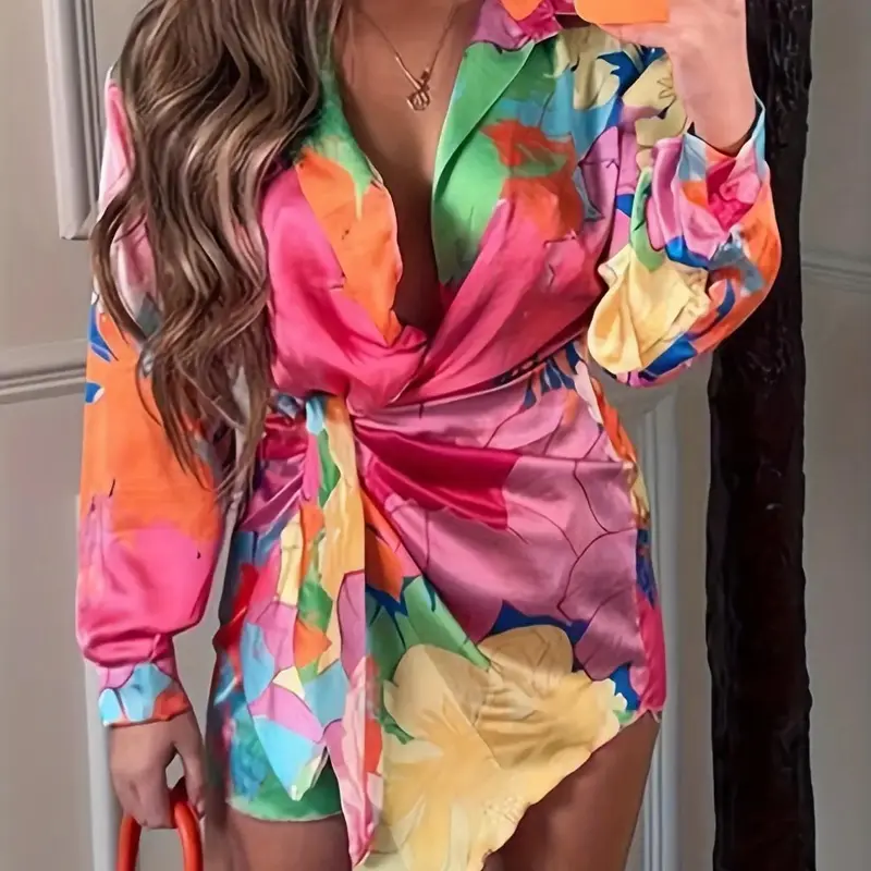 Women's Button Front Knot Front Blouse, Boho Blouses, Casual Wrap Asymmetrical Hem Collared Top for Summer, Ladies Clothes for Daily Wear, Casual Boho Fashion