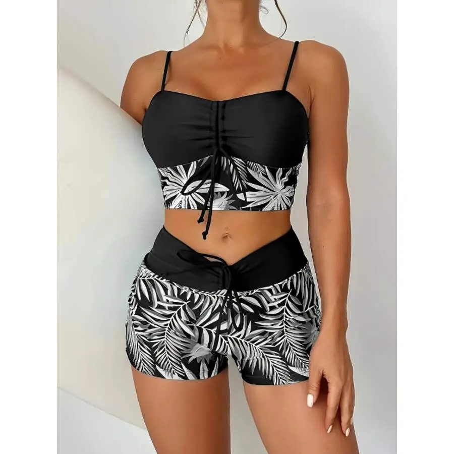 Women's Modest Tropical Print 2-Piece Swimsuit - Long Sleeve UPF 50+ UV-Protective Rash Guard with Swim Shorts