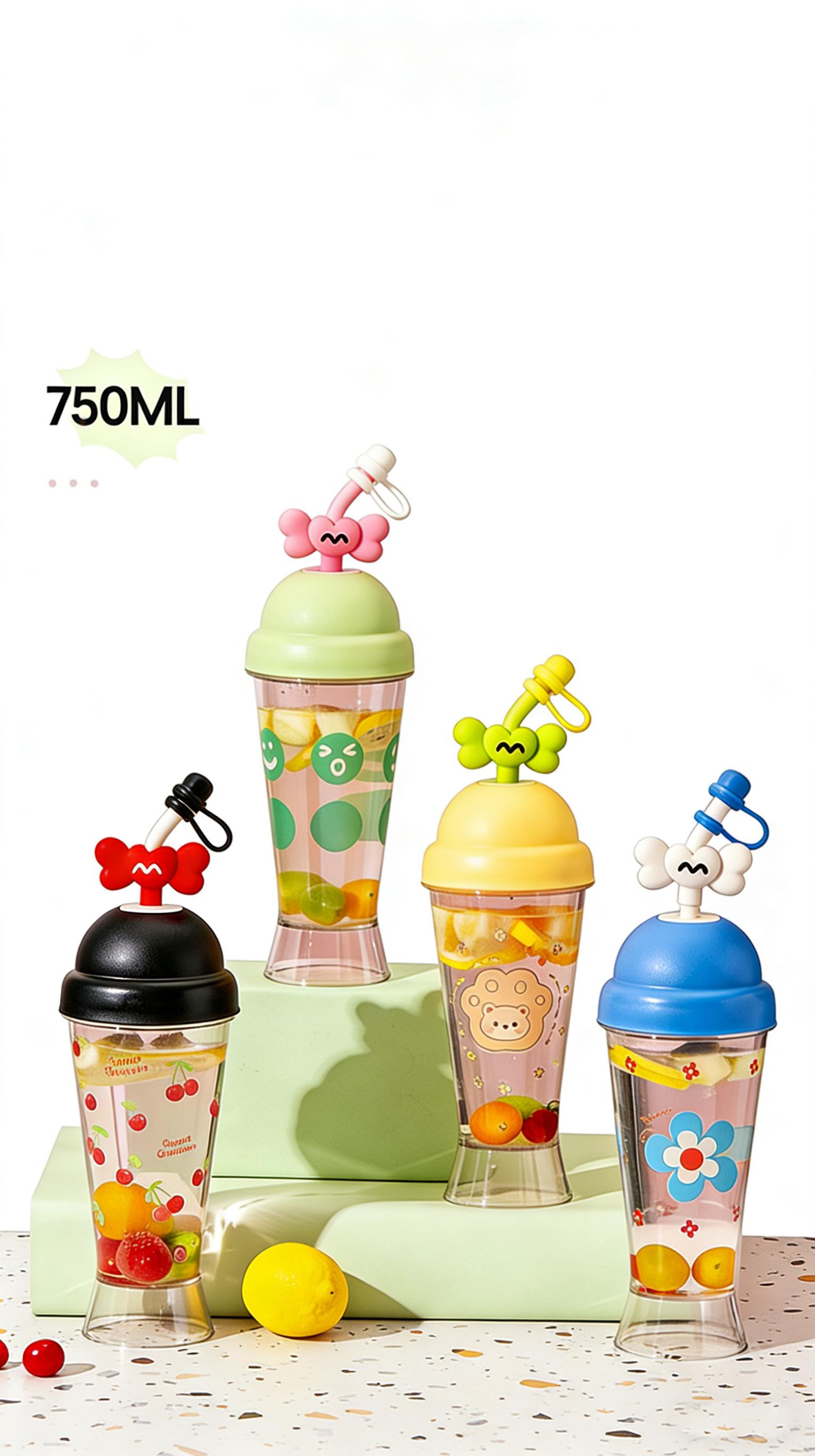 750ml Large Capacity Cute Straw Cup with Lid, Leakproof Silicone Straw Tumbler, BPA-Free Portable Water Bottle for Summer Iced Coffee, Smoothie, Bubble Tea, Travel & Daily Use