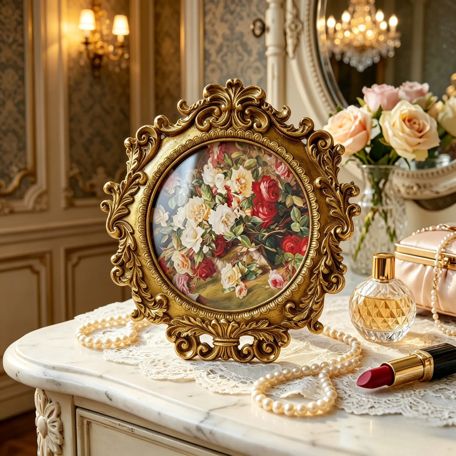 Vintage Round Gold 4x4 Inch Picture Frame, Ornate Floral Resin Photo Frame with HD Glass, Antique Retro Small Frame for Tabletop Wall Mount Home Decor