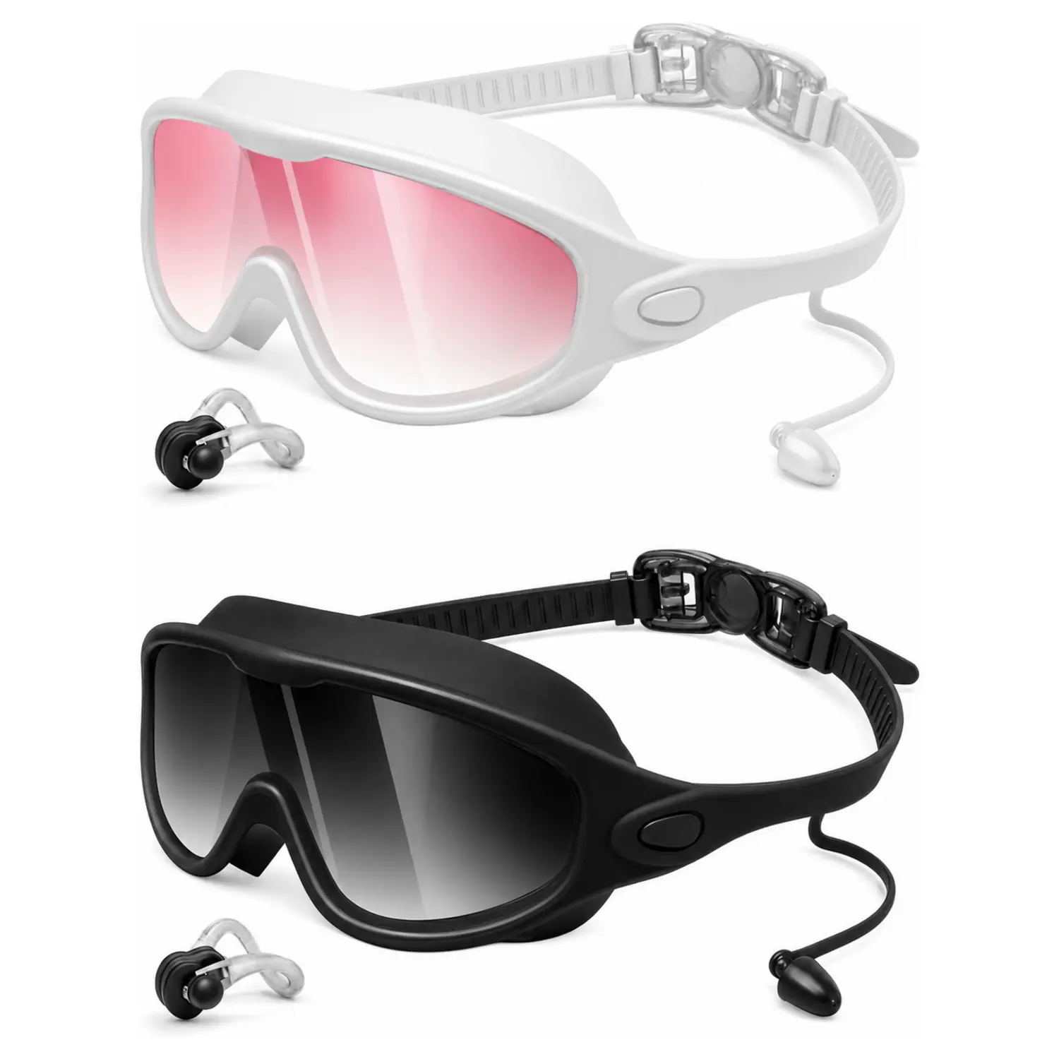 Unisex Adult Swim Goggles - Anti-Fog Wide View, No Leak, Soft Sealing, with Ear Plugs & Nose Clip, Comfortable Pool/Beach Swimming Glasses for Lap Swimming & Training