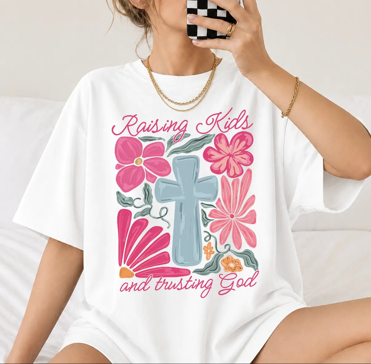 Boho Christian Mom Women's T-Shirt, Raising Kids & Trusting God Wildflower Tee, Christian Mom Gifts, Jesus Apparel