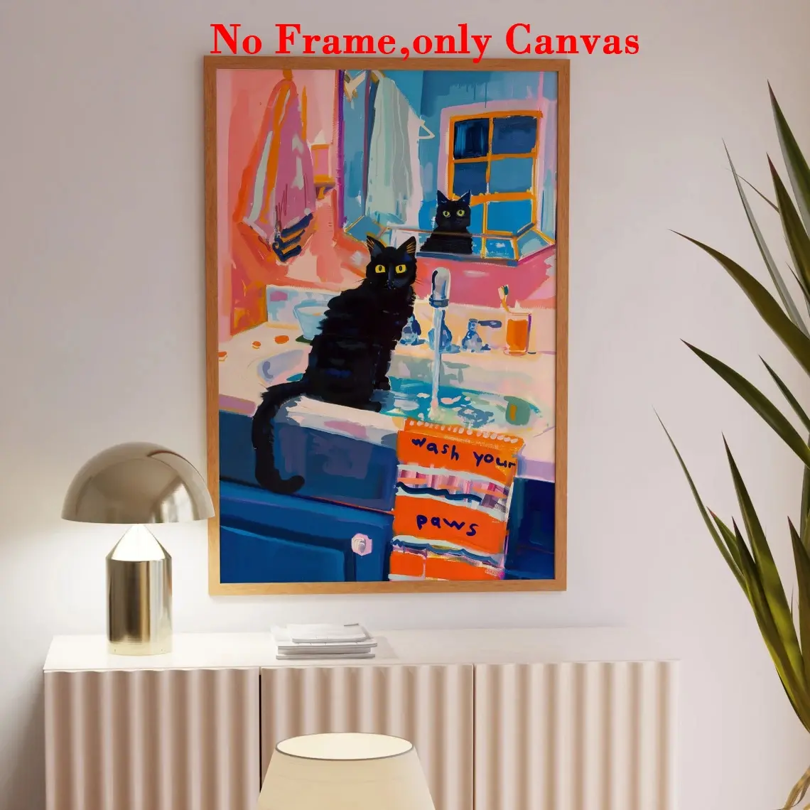 1 PC, wall art, vintage poster, black cat art print on sink, dopamine fashion canvas painting, unique and creative wall aesthetic decoration, perfect decoration for living room and bedroom, frameless, Artwork