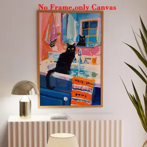 1 PC, wall art, vintage poster, black cat art print on sink, dopamine fashion canvas painting, unique and creative wall aesthetic decoration, perfect decoration for living room and bedroom, frameless, Artwork