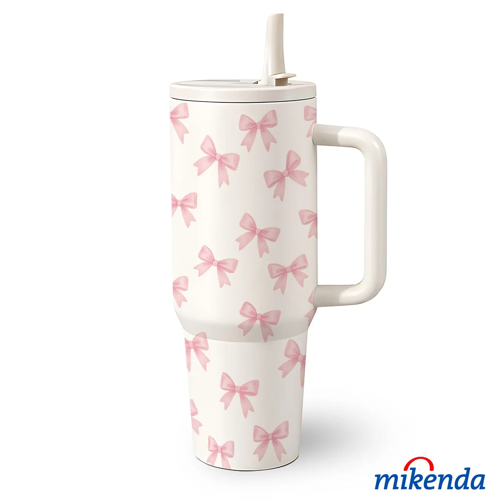 1 Pc 40 Oz Stainless Steel Stylish Tumbler with Handle and Folding Straw, Insulated Travel Drinkware, Pink Ribbon Bow Design, Double Wall Insulated Thermal Mug, Hot 12H / Cold 24H, Mother's Day Gift for Friends, Insulated Tumblers
