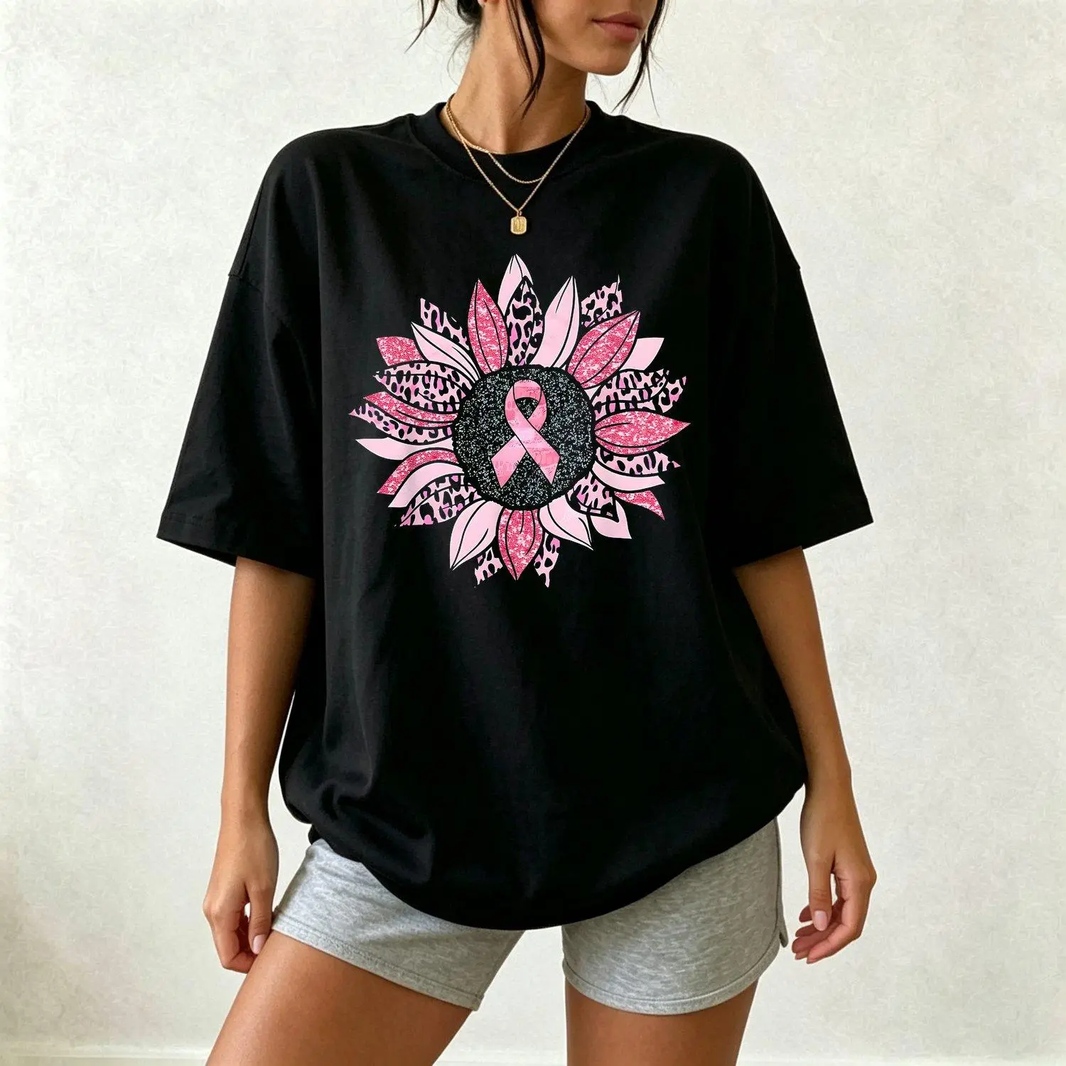 Women's Breathable Casual Fashion-Fit T-Shirt - Blush Pink, Sunflower Graphic, Breast Cancer Awareness Warrior Inspirational Design