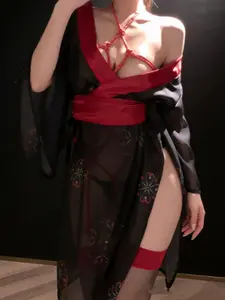 Lovingerie Japanese Geisha Lingerie Kimono Set For Women, 7-Piece Sheer Robe Costume With Floral Print, Red Satin Trim, Garter Belts, Lace Eye Mask And Rope Harness, Seductive Boudoir Outfit In Black And Red Color, Curves Flattering Sleepwear.