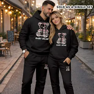 Couple's Plaid Bear Print Hooded Sweatshirt and Drawstring Sweatpants Set (Sold as a Single Set) , Casual Sportswear, Long-Sleeve Hooded Jacket and Pants, Suitable for Autumn, Winter, and Spring, Everyday Wear, Tracksuit, Casual Athletic Wear