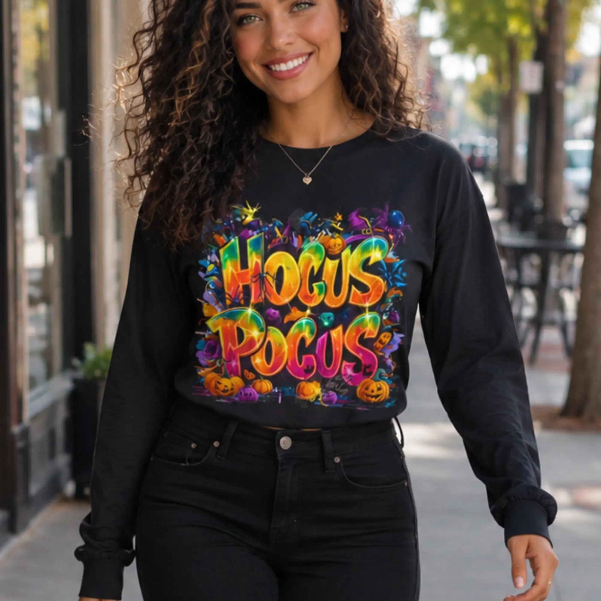 Women's Hocus Pocus Halloween Graphic Comfort Colors Long Sleeve Tshirt - Round Neck, Spooky Pumpkins Bats Witches, Cotton Classic Fit, All Seasons, Cold Wash Unisex Tops, Garment-Dyed