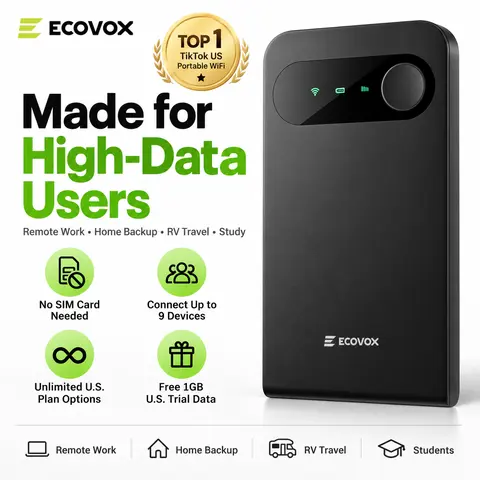 ECOVOX Portable WiFi Hotspot for Heavy Data Users - Unlimited US Data Plans, 4G LTE Mobile Router, WiFi 6 Internet Device, No SIM Card Required, Connect Up to 9 Devices, Ideal for Remote Work, RV, Students & Home Backup, Fall Deals For You