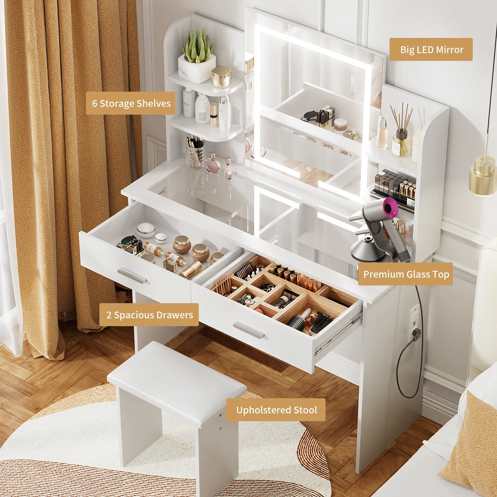 White with Power Outlet and Glass top