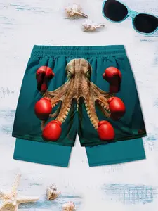 Men's Dual-Layer Boxing Octopus Graphic Beach Shorts, Compressive Lining, Quick-Dry Drawstring Waist, Summer Fitness Lounge Pants