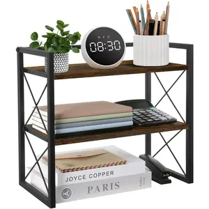 Desktop Shelf Organizer, 2 Tier Wood Desk Organizer Storage Rack, Freestanding Display Shelf for Office, Dormitory, Home
