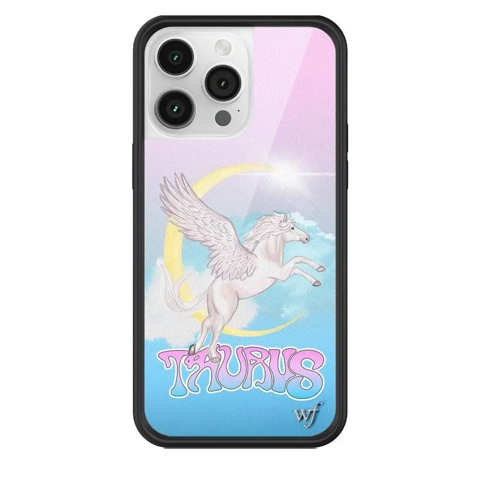 Taurus | Limited Edition iPhone Case | Raised Protective Black Bumper | Women Owned Small Business | Zodiac Ombre Pink and Blue Cloudy Sky Flying White Pegasus Pastel Moon | Safety Casing Protective | Cellphone Cute Aesthetic