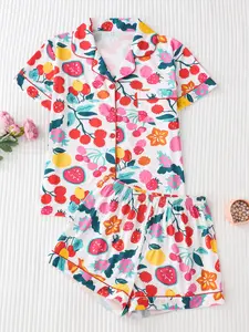 Women's 2-Piece Pajama Set, Cartoon Pattern, Fitted Style, Short Sleeve Top with Button Neck, Comfortable Loose Shorts, Sweet Fresh Summer Sleepwear, Loungewear