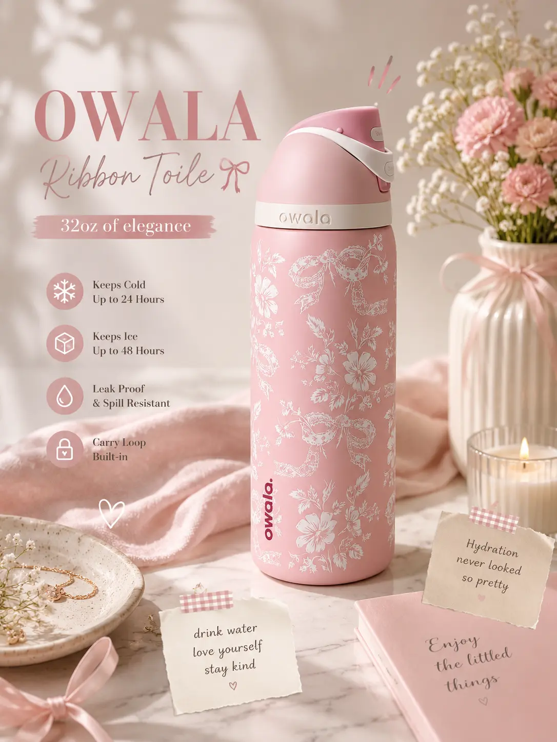 Owala Ribbon Toile 32oz FreeSip Insulated Water Bottle – Pink Floral Leak Proof Stainless Steel Tumbler