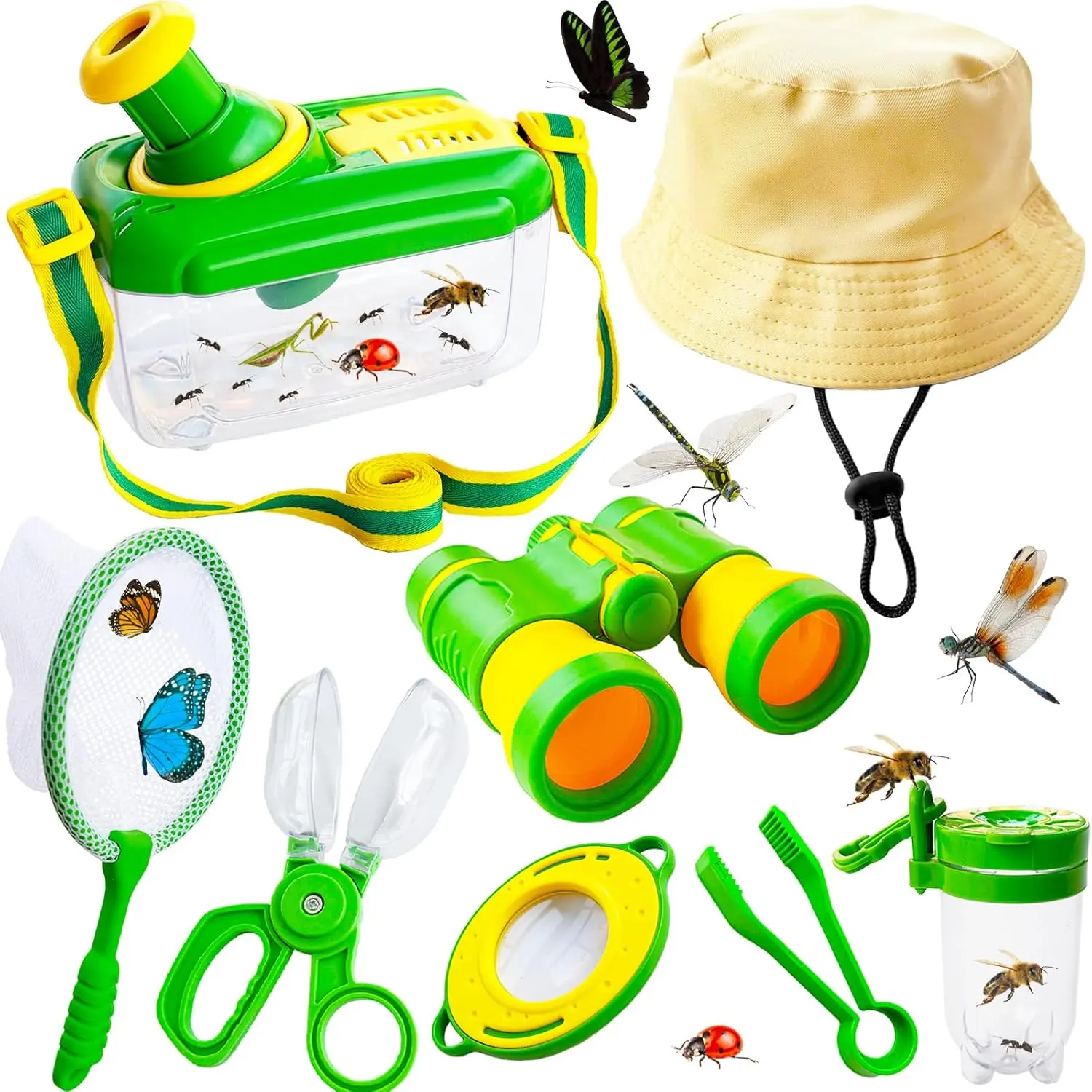 Bug Catcher Kit for Kids,8 Pcs Kids Bug Habitat with Bug Collector Butterfly Net Magnifying Glass Binoculars Tweezer Hats,Outdoor Explorer Kit for Boys Girls 3-12 Years Old