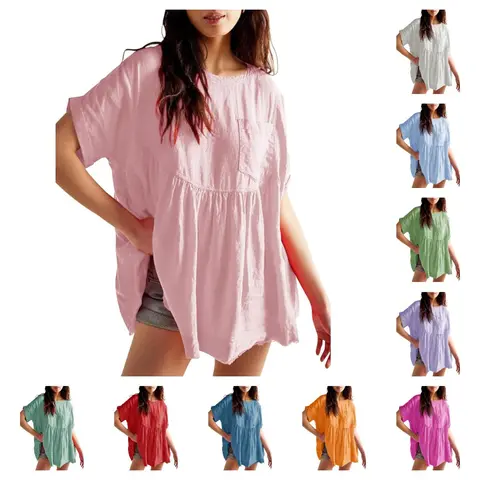 Imily Bela Womens Summer Babydoll Tops Short Sleeve Crew Neck Tunic T Shirts Cute Swing Mini Dress