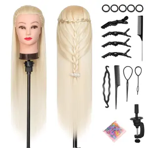 Mannequin Head Synthetic Fiber Long Hair Styling Training Head Dolls for Cosmetology Manikin Maniquins Practice Head with Clamp Stand Holder 1 set