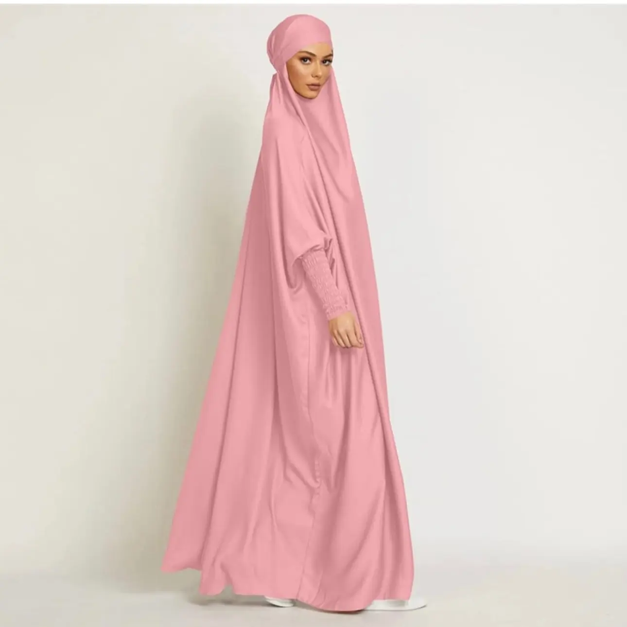 Women's Hooded Jilbab Abaya - Long-Sleeve Maxi Elegant Full-Coverage Prayer Robe with Included Hijab, Durable Materials, Cold-Wash Pink Style Design for Muslim Daily Mosque Wear Clothing