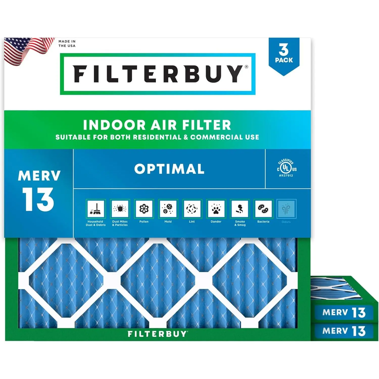 Filterbuy 16x16x1 Air Filter (3-Pack), Pleated MERV 13 Optimal Defense HVAC AC Furnace Air Filters (Actual Size: 15.75 x 15.75 x 0.75 Inches)