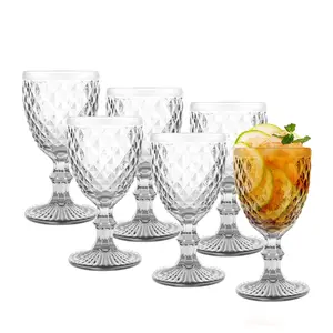 6 Pcs Goblet Glasses 8 oz Wine Glasses, Drinking Glasses Colored Retro Embossed Water Goblets For Wine Juice Shower Wedding Reception Grand Event Party, Dishwasher