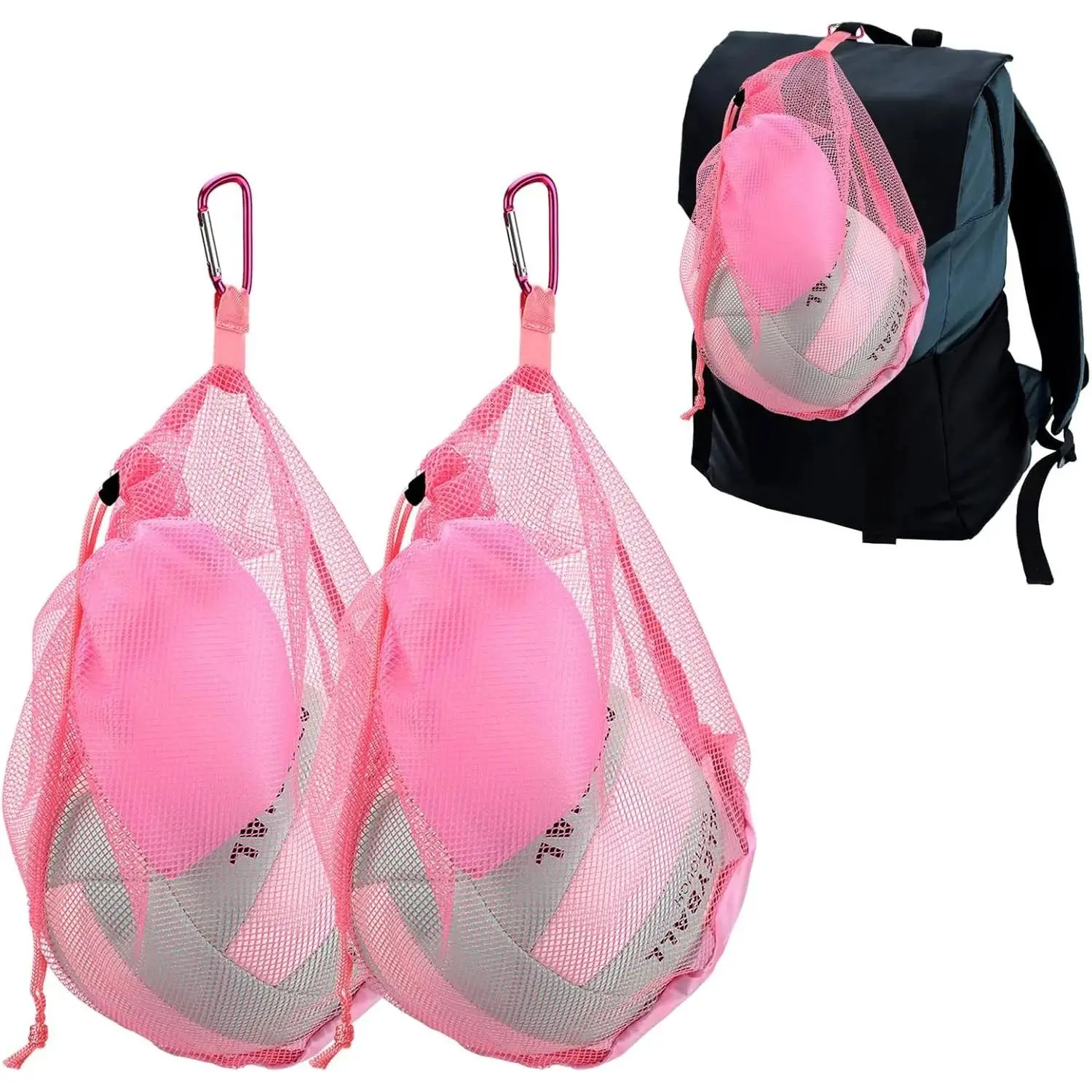 Bright Pink Mesh Polyester Volleyball-Football Bag with Clip, Drawstring Sackpack, Zipper Pocket, Shoulder Straps – Single Ball Carry for Teens, Gym/Sports/Swimming Gear Storage