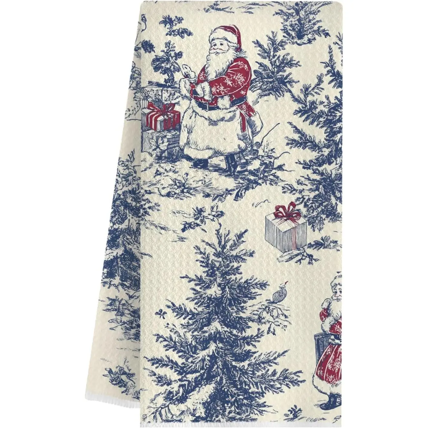 Blue Chinoiserie Christmas Santa Kitchen Towels, Vintage Toile Christmas Tree Dish Tea Towels for Kitchen, Retro Xmas Tree Santa Decorative Hand Towels for Bathroom, 16x24 Inch