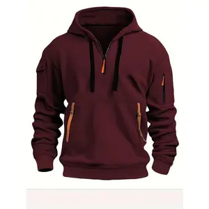 Men's hooded half-zip sweatshirt with kangaroo pocket zipper, sports outdoor hoodie