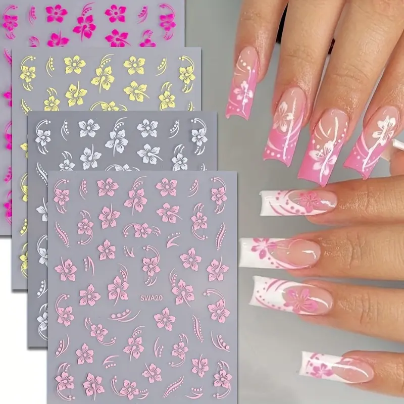 Hibiscus Flower Nail Art Stickers - Self-Adhesive, Sparkle Finish Decals for DIY Manicure & Pedicure