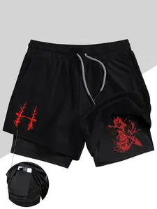 Men's double-layer athletic shorts - featuring a bold red print, soft and breathable fabric, quick-drying properties, a phone pocket, and a towel loop. Suitable for running, fitness training, and outdoor activities. Comfy Stretchy Shorts