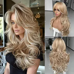 Platinum Blonde Highlight Ombre Light Brown Wig Long Wavy Layererd Wigs with Curtain Bangs for White Black Women,Synthetic Blonde Highlight Layered Wig for