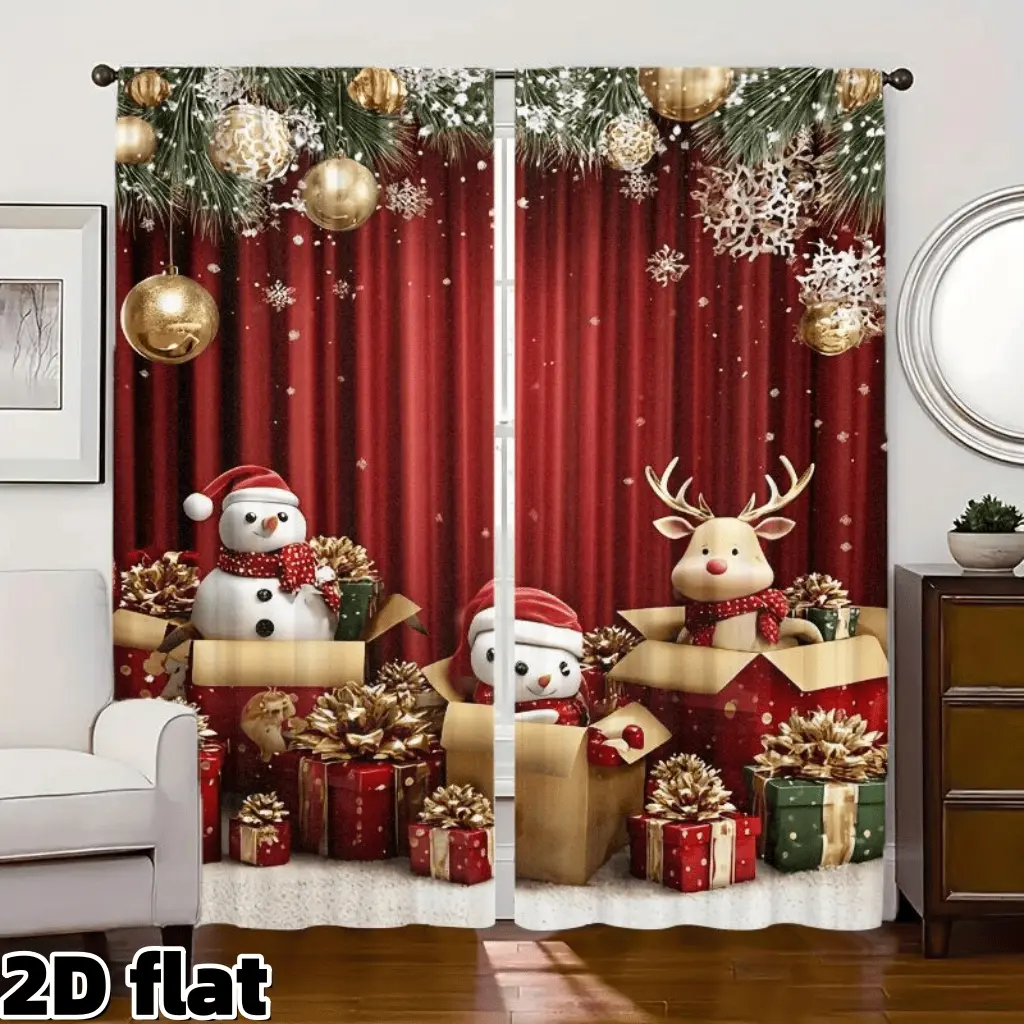 2D Flat 2Pcs Christmas Holiday Curtains Snowman Reindeer Pattern Red Festive Window Drapes Gold Ornaments Pine Branch Design Semi Sunshade Living Room Bedroom Home Decor Gift Party Window Treatment Privacy Protection Home Decoration Curtain