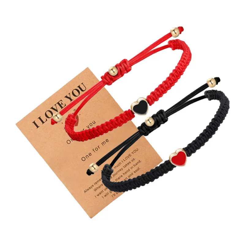 Adjustable Braided Bracelet Sets - Matching BF-GF Wristbands with Heart Charms, Friendship Bracelets, Gift Card for Anniversary, Valentine’s Day Presents