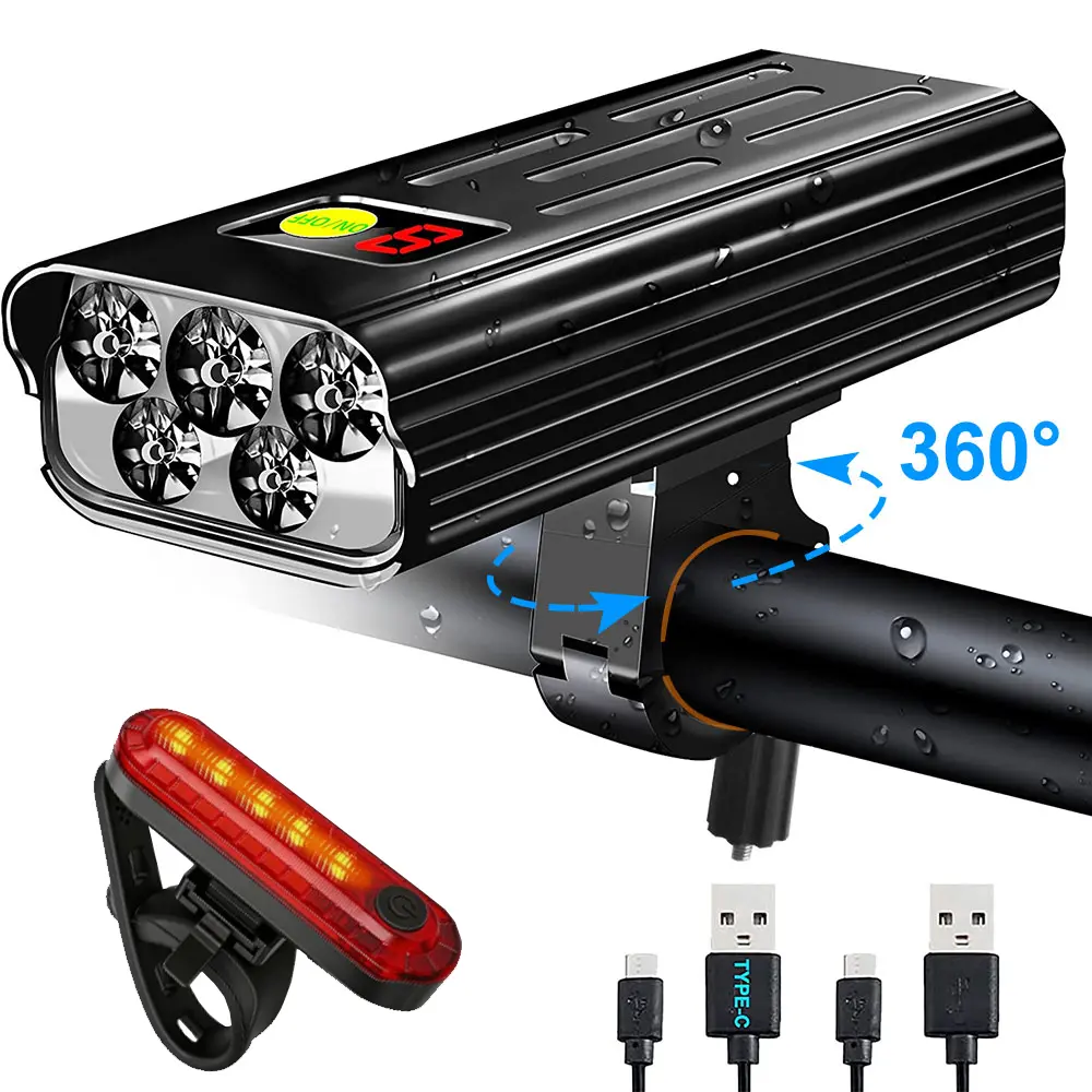 Bike Lights, Bike Light for Night Riding, 5200mAh LED Bike Headlight, Rechargeable Bike Headlight, Bright Bike Lights Front and Back with High Beam & Low Beam Light, Free Taillights