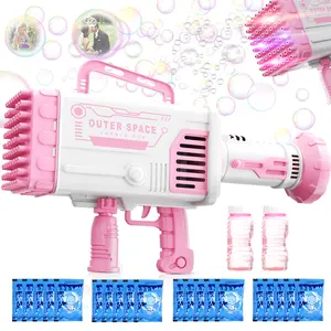 64 Holes Bazooka Bubble Gun, Bubble Machine Gun 5000 Bubbles per Minutes, with 2 Bubble Solution 20 Packs Concentrate - Pink