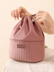 1Pc Portable Corduroy Makeup Storage Bag, Daily Drawstring Design Make Up Organizer Storage Bag, Lightweight Portable Cosmetic Organizer Pouch For Travel, Daily Touch-Up , Soft Quilted Toiletry Storage Bag With Large Capacity For Brushes, Skincare