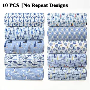 10PCS Coastal Living Print Fabric, 23x55cm (9x22in) Classic Ocean & Shoreline Pattern Quilting Fabric for Beach Home Decor, DIY Quilting & Sewing Crafts