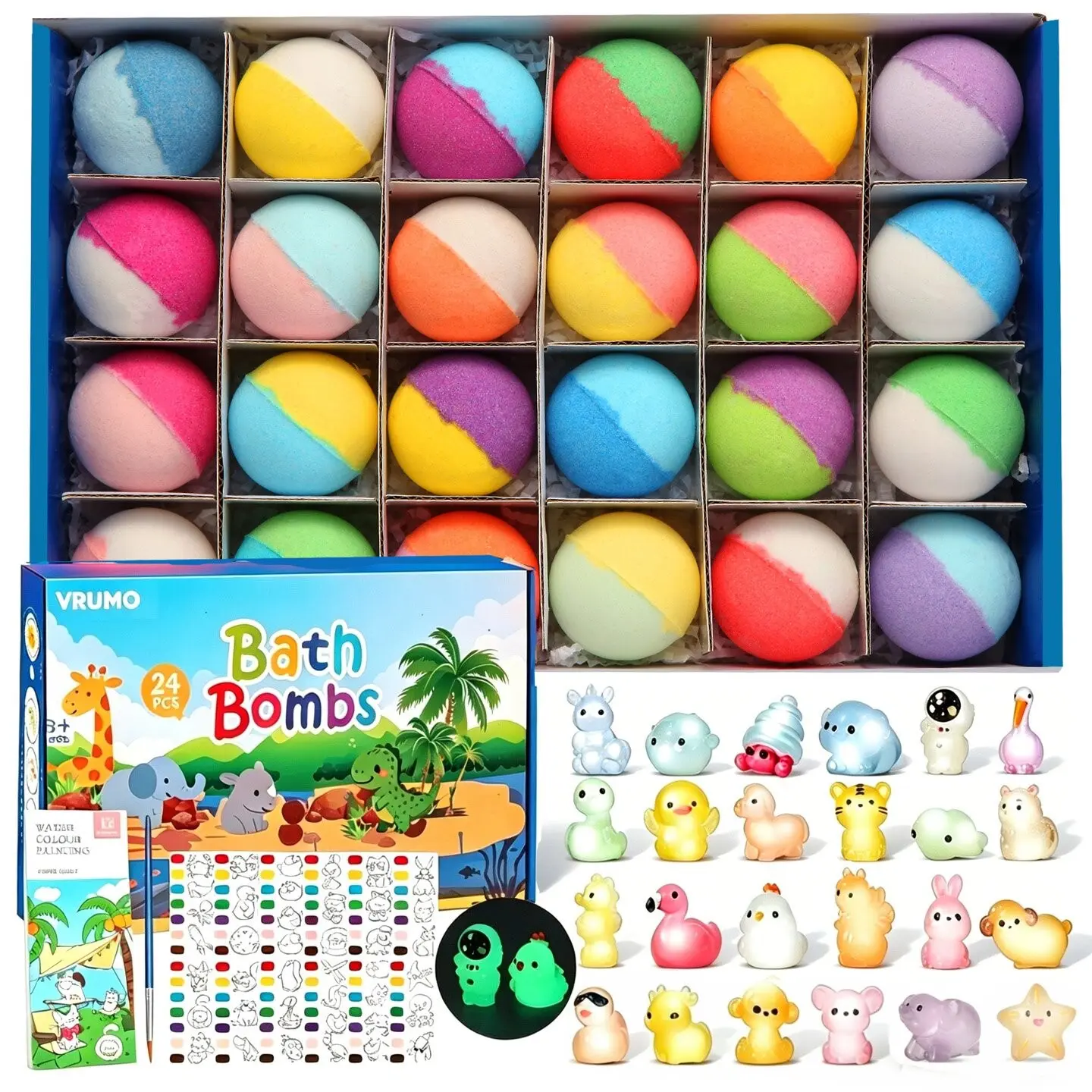 Gift Set with 24 Unique Land & Sea Animal Toys, Fun, Educational, and Child-Safe Bath Bombs with Toys, Rubber Duck Assortment, Great Gift for Boys & Girls’ Birthdays & Christmas