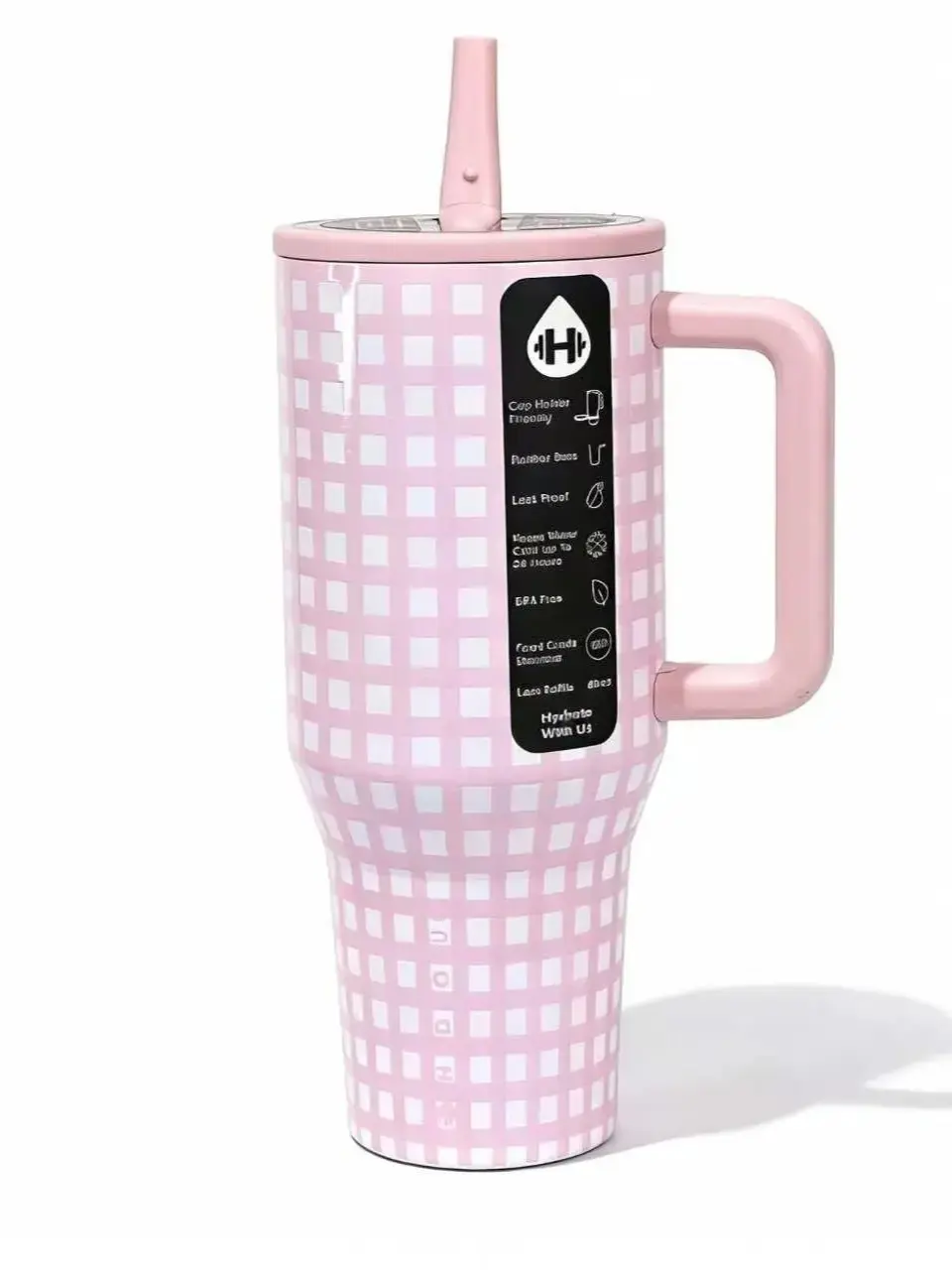 HydroJug 40oz  Pink Gingham Stainless Steel Insulated Tumbler Vacuum Flask Bottles - Stylish, Car Cup Holder Sports Coffee Tumbler Leakproof Flip Lid,pink Handle Drinkware, Car Cup Holder-Friendly Sports Coffee Tumbler