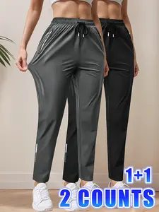 Women’s 2-Pack Minimalist Fashion Mid-Rise Casual Sports Leggings, Drawstring Waist, Zipper Pockets, Suitable for Yoga, Jogging, Cycling