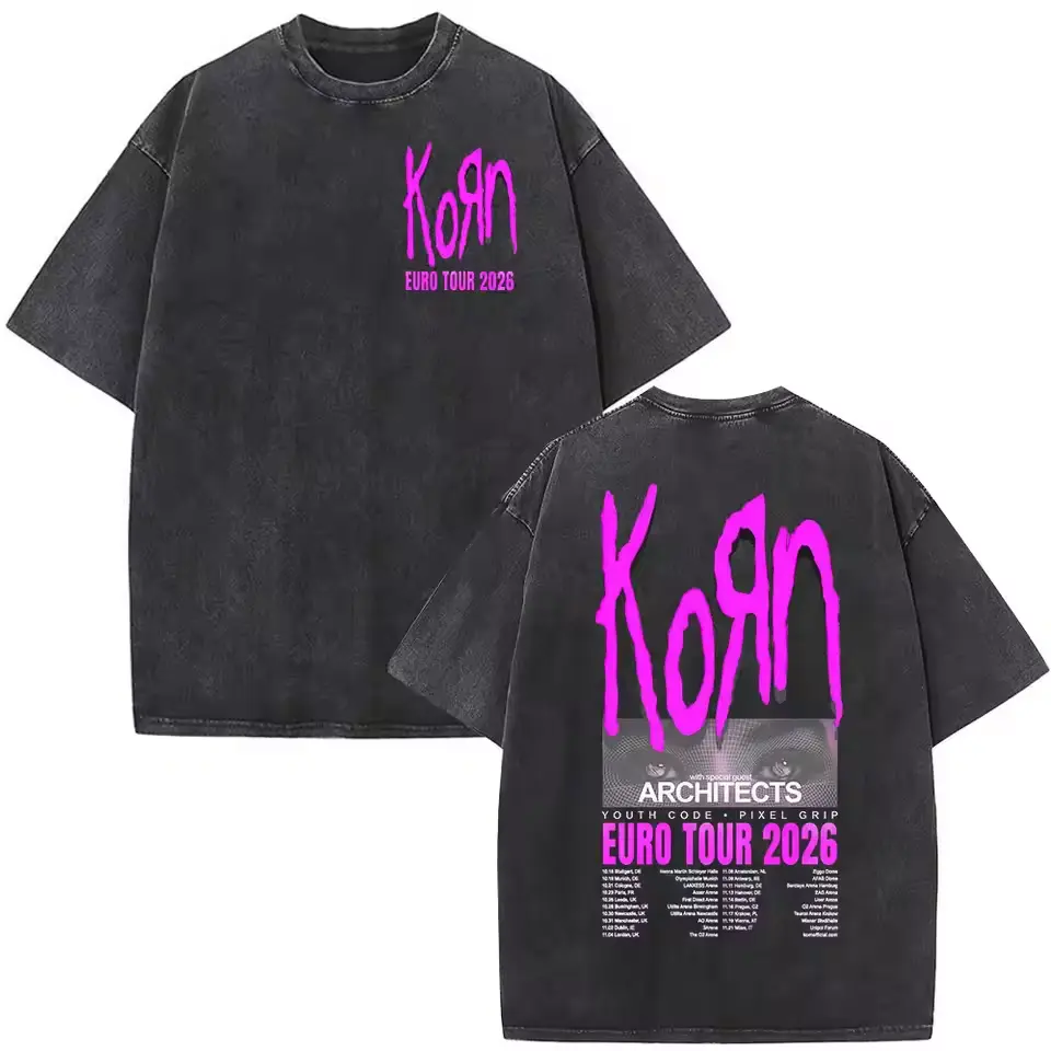 2026Korn Tour Merch Vintage Washed T Shirt Fan Rock Band T Shirts Men Casual Oversized Short Sleeve T-shirt