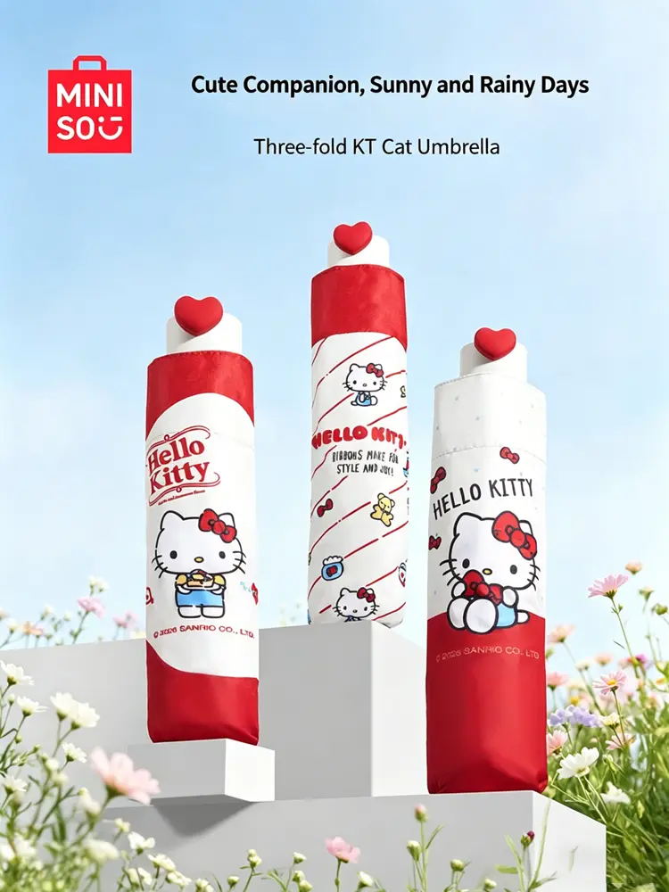 MINISO HK Sun Protection Umbrella, Foldable UV Protection Parasol for Women, Portable Lightweight Anti-UV Rain and Sun Dual Use Umbrella, Cute Hello Kitty Stylish Casual Umbrella for Daily Travel Outdoor Use #Summervibes