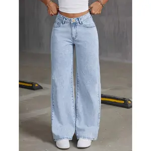 Classic High-Waisted Wide Leg Jeans - Women Jeans, Cotton Blend, Polyester, Viscose, Machine Washable, No Stretch, Solid Color, Four Seasons, Zipper Closure, Casual Outwear