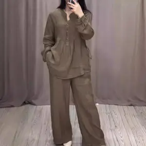 2025 autumn new fashionable cotton and linen long-sleeved semi-open placket pleated wide-leg pants set women??s fashion Womenswear Clothes