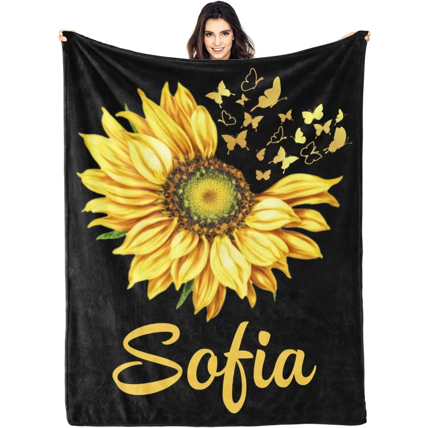 Personalized Sunflower Blanket with Name & Initials - Custom Gift for Women, Men |  Lightweight Soft Throw for Couch, Bed, Picnic & Travel
