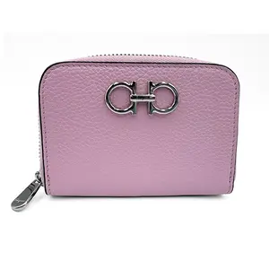 Ferragamo Gancini Credit Card Holder | Pink Pebbled Leather Compact Wallet