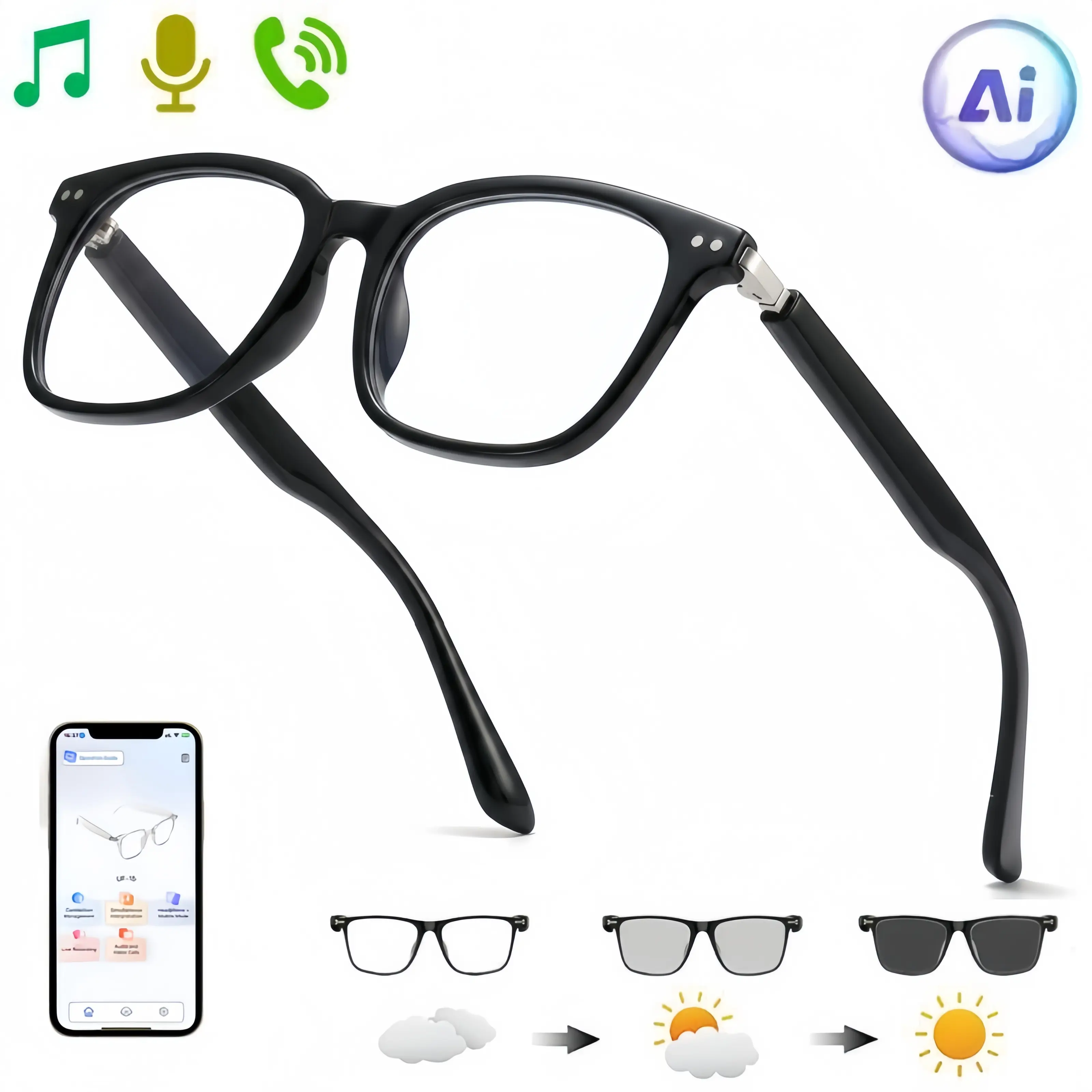 VUB Ultra-Lightweight Smart Audio Glasses, Slim Temple Bluetooth Glasses with Open Ear Speakers, Automatic photochromic, AI Translation & Hands-Free Calling, Anti-Blue Light Smart Eyewear for Men & Women