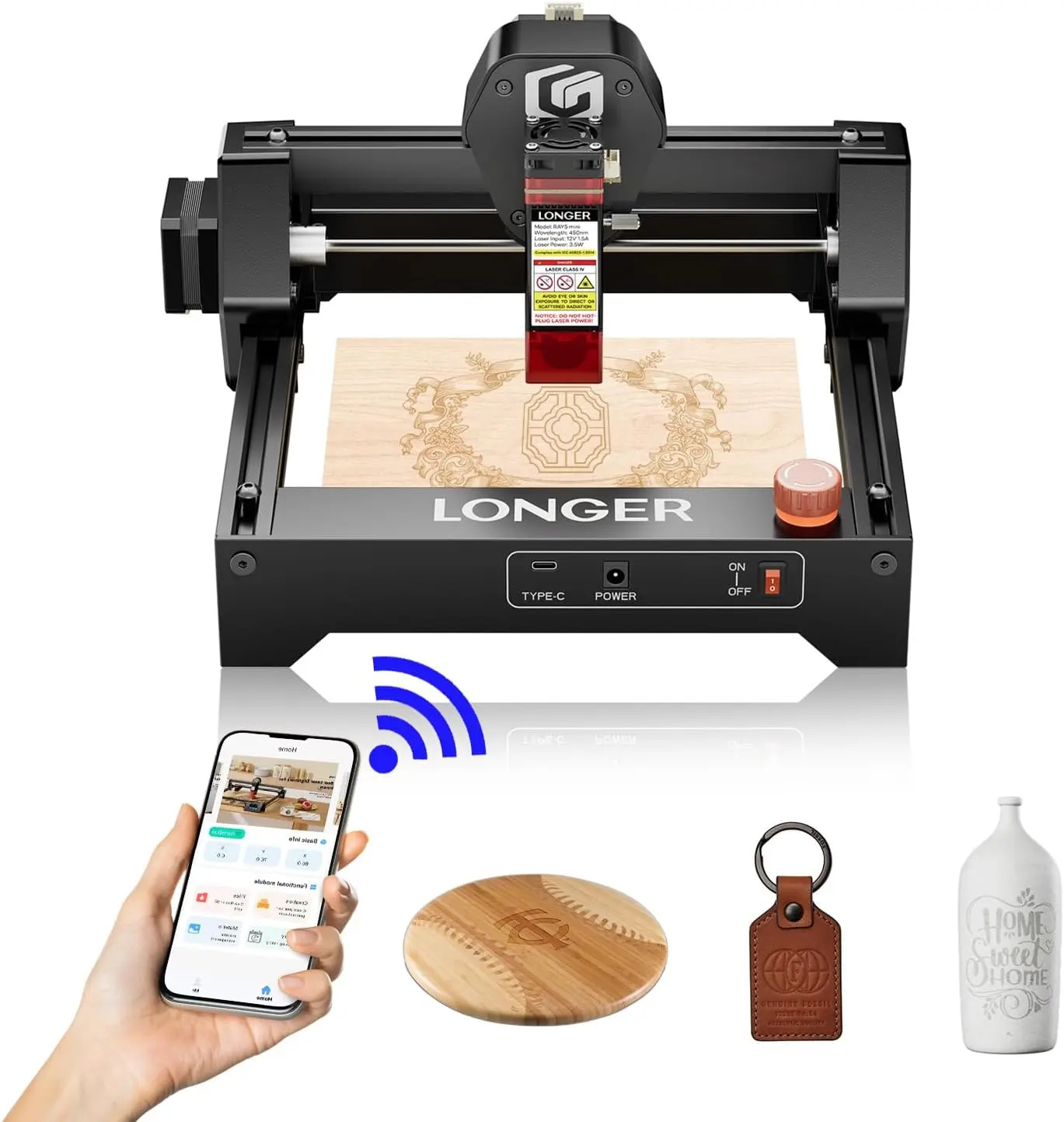 LONGER RAY5 Laser Engraver 3500mW High Precision 0.04 * 0.04mm Laser Cutter and Engraving Machine 140x130mm Working Area Mini Portable Laser Engraver for Wood Metal Acrylic Glass