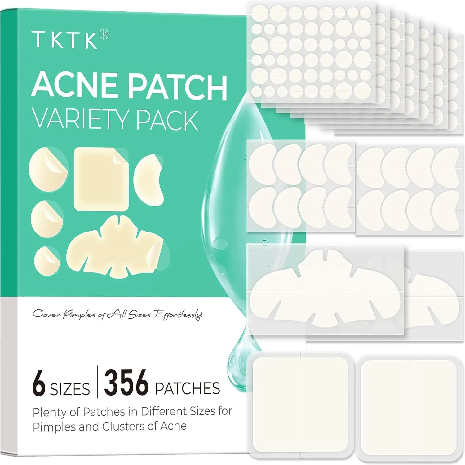 TKTK Gentle Hydrocolloid Pimple Patches Multi-Pack - Fragrance-Free, 6 Sizes, 4 Shapes, 356 Pieces Beauty Products for Sensitive Skin Repair, Acne Clearing Protective Shield, Clogged Pores Solution #SummerFinds